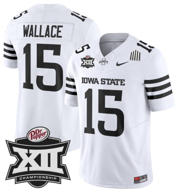 Men's Seneca Wallace Jersey #15 Iowa State 2024 Championship Patch Vapor White Limited