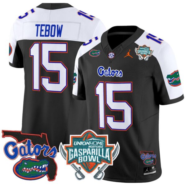 Men's Tim Tebow Jersey #15 Florida Gators 2025 Gasparilla Bowl Patch Black Alternate