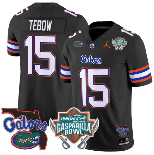 Men's Tim Tebow Jersey #15 Florida Gators 2025 Gasparilla Bowl Patch Black