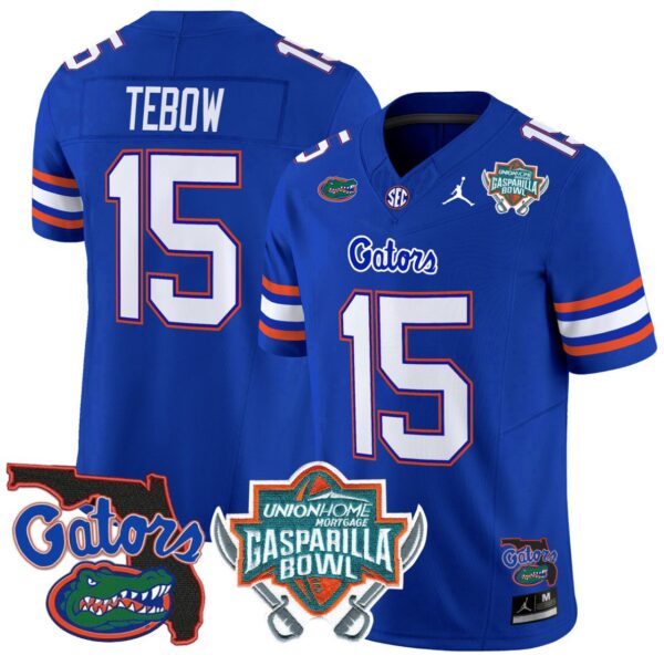 Men's Tim Tebow Jersey #15 Florida Gators 2025 Gasparilla Bowl Patch Royal