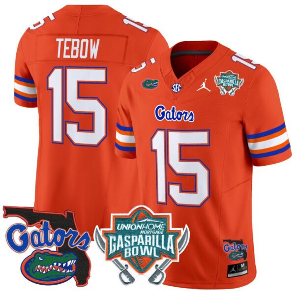 Men's Tim Tebow Jersey #15 Florida Gators 2025 Gasparilla Bowl Patch Orange