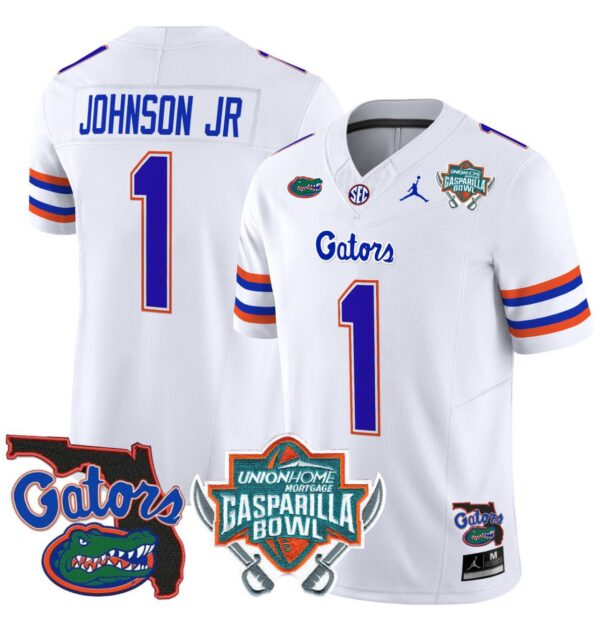 Men's Montrell Johnson Jr Jersey #1 Florida Gators 2025 Gasparilla Bowl Patch White