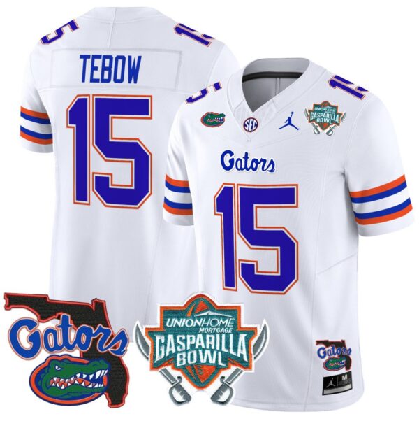 Men's Tim Tebow Jersey #15 Florida Gators 2025 Gasparilla Bowl Patch White