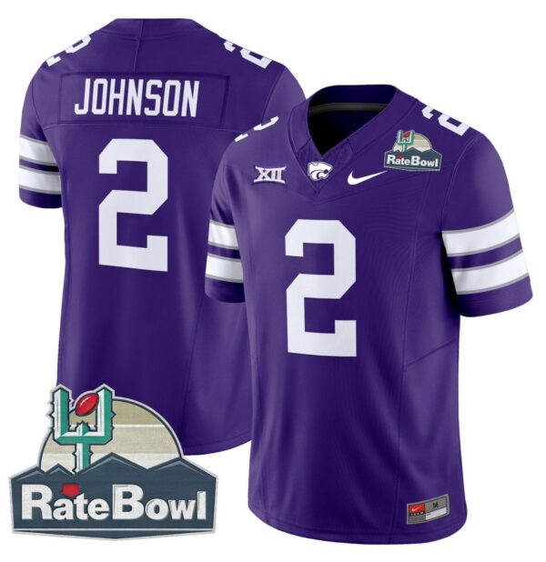 Men's Avery Johnson Jersey #2 Kansas State Wildcats 2025 Rate Bowl Patch Purple