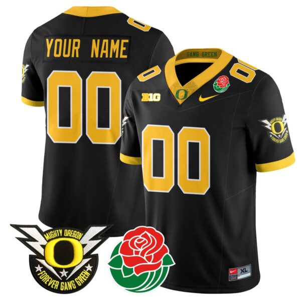 Men's Custom Oregon Ducks Jersey Name, Number 2024 Rose Bowl Patch N2 Black