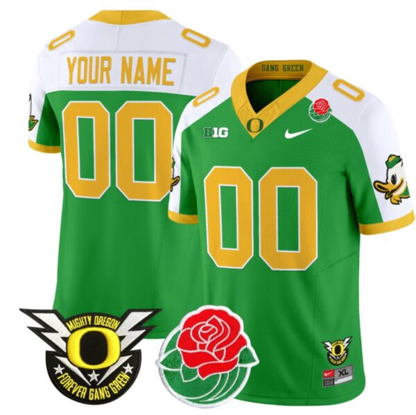 Men's Custom Oregon Ducks Jersey Name, Number 2024 Rose Bowl Patch N1 Green Alternate