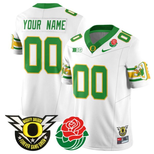 Men's Custom Oregon Ducks Jersey Name, Number 2024 Rose Bowl Patch Stitched White