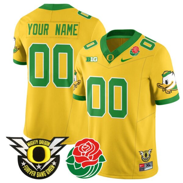 Men's Custom Oregon Ducks Jersey Name, Number 2024 Rose Bowl Patch N1 Yellow
