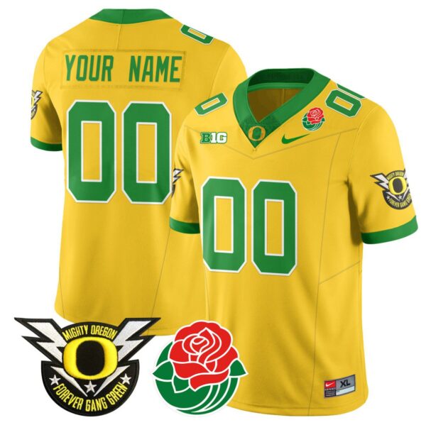 Men's Custom Oregon Ducks Jersey Name, Number 2024 Rose Bowl Patch N2 Yellow