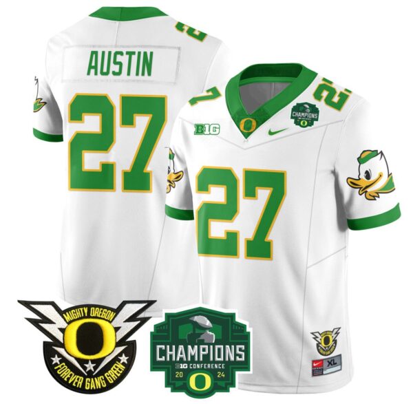 Men's Daylen Austin Jersey #27 Oregon Ducks 2024 Big Ten Champions Football White
