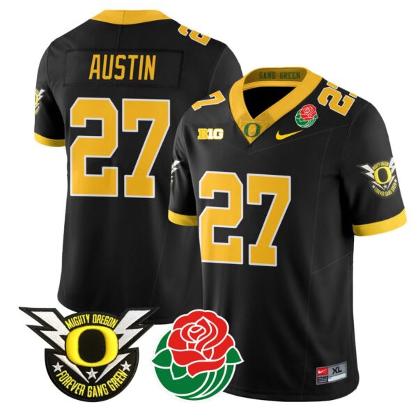 Men's Daylen Austin Jersey #27 Oregon Ducks 2024 Mighty Rose Bowl Patch N2 Black