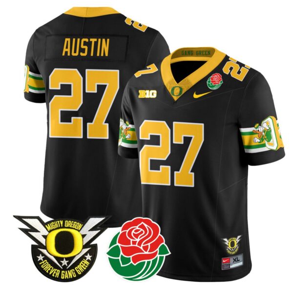 Men's Daylen Austin Jersey #27 Oregon Ducks 2024 Rose Bowl Patch Football Black