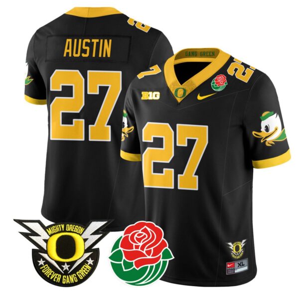 Men's Daylen Austin Jersey #27 Oregon Ducks 2024 Rose Bowl Patch N1 Football Black
