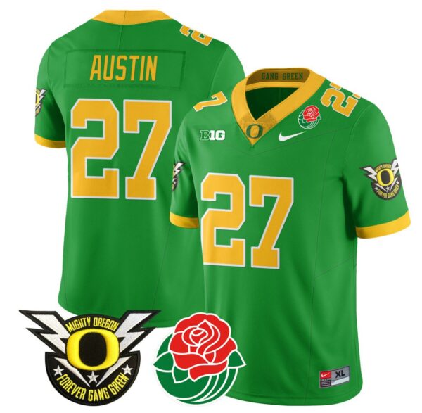 Men's Daylen Austin Jersey #27 Oregon Ducks 2024 Mighty Rose Bowl Patch N2 Green