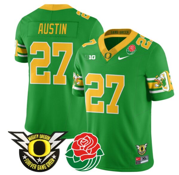 Men's Daylen Austin Jersey #27 Oregon Ducks 2024 Rose Bowl Patch Football Green