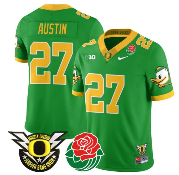Men's Daylen Austin Jersey #27 Oregon Ducks 2024 Rose Bowl Patch N1 Football Green