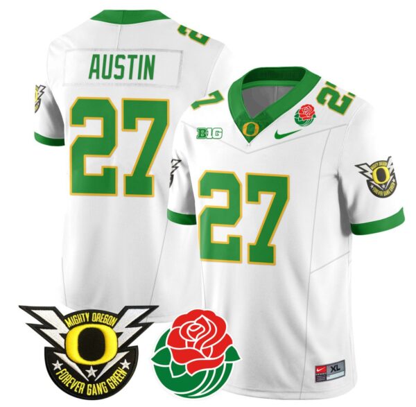 Men's Daylen Austin Jersey #27 Oregon Ducks 2024 Mighty Rose Bowl Patch N2 White