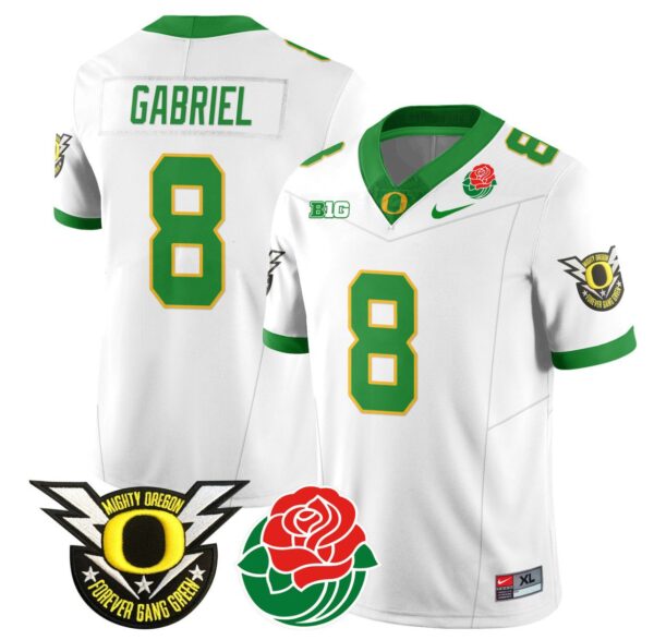 Men's Dillon Gabriel Jersey #8 Oregon Ducks 2024 Mighty Rose Bowl Patch N2 White