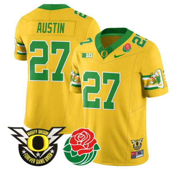 Men's Daylen Austin Jersey #27 Oregon Ducks 2024 Rose Bowl Patch Football Yellow