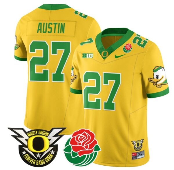 Men's Daylen Austin Jersey #27 Oregon Ducks 2024 Rose Bowl Patch N1 Football Yellow