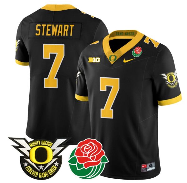 Men's Evan Stewart Jersey #7 Oregon Ducks 2024 Mighty Rose Bowl Patch N2 Black