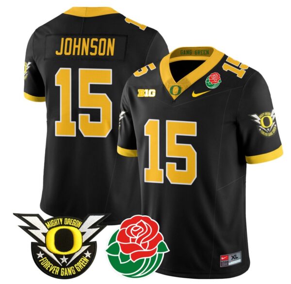 Men's Tez Johnson Jersey #15 Oregon Ducks 2024 Mighty Rose Bowl Patch N2 Black