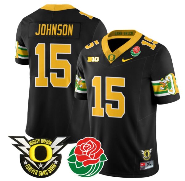 Men's Tez Johnson Jersey #15 Oregon Ducks 2024 Rose Bowl Patch Football Black