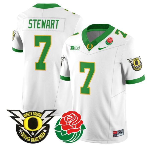 Men's Evan Stewart Jersey #7 Oregon Ducks 2024 Mighty Rose Bowl Patch N2 White