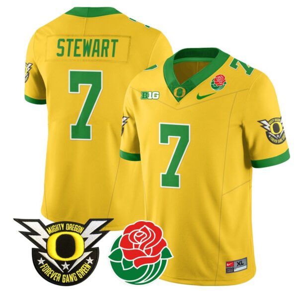 Men's Evan Stewart Jersey #7 Oregon Ducks 2024 Mighty Rose Bowl Patch N2 Yellow