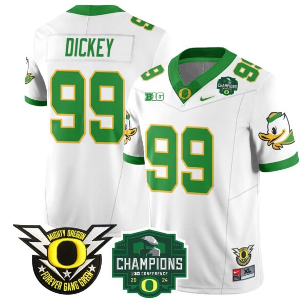 Men's Jurrion Dickey Jersey #99 Oregon Ducks 2024 Big Ten Champions Football White