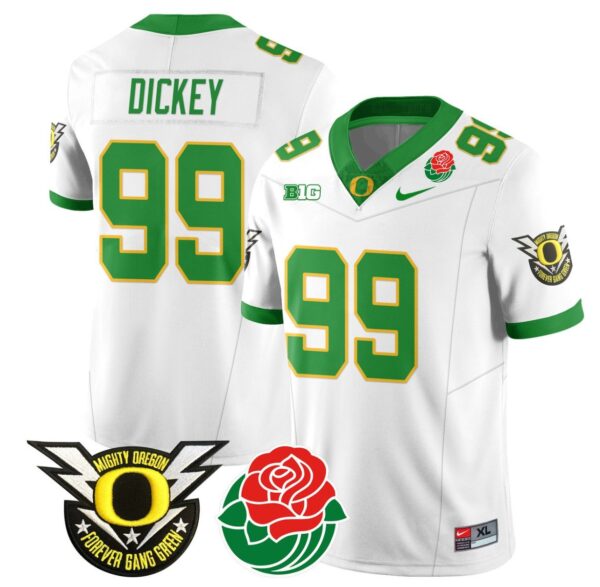 Men's Jurrion Dickey Jersey #99 Oregon Ducks 2024 Mighty Rose Bowl Patch N2 White