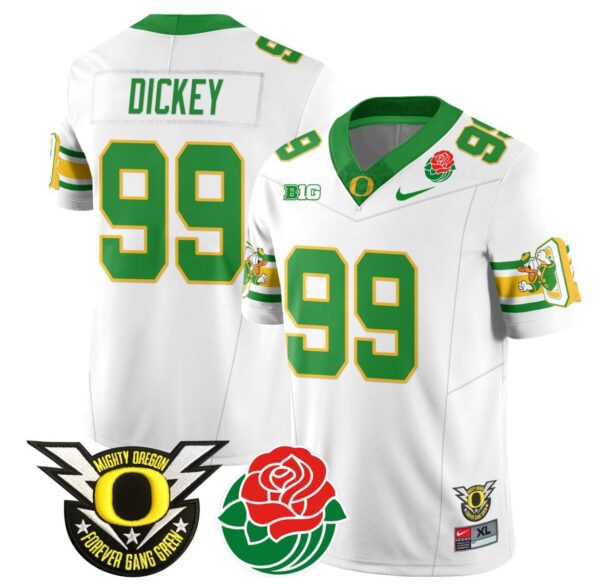 Men's Jurrion Dickey Jersey #99 Oregon Ducks 2024 Rose Bowl Patch Football White