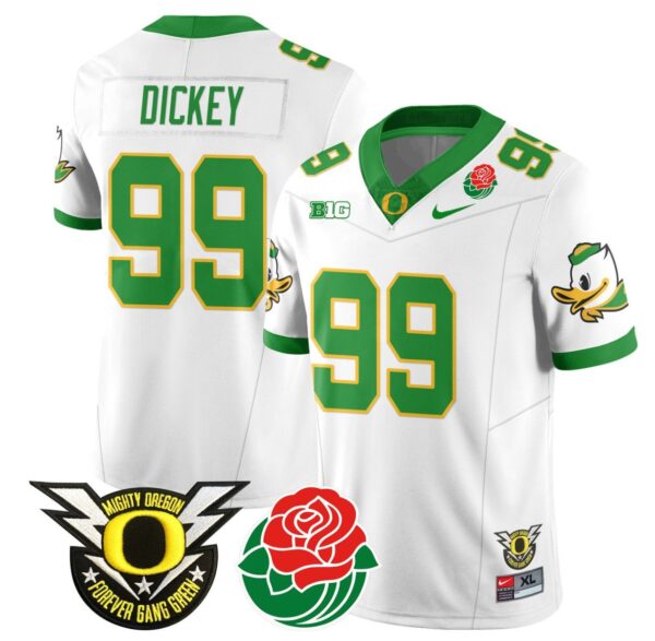 Men's Jurrion Dickey Jersey #99 Oregon Ducks 2024 Rose Bowl Patch N1 Football White