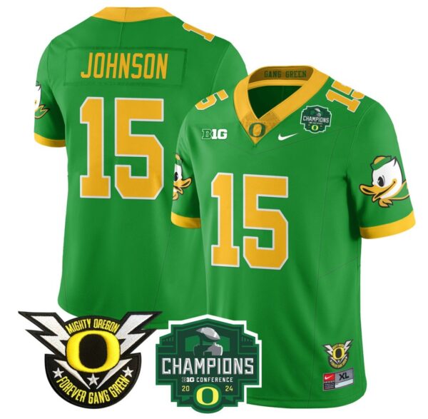 Men's Tez Johnson Jersey #15 Oregon Ducks 2024 Big Ten Champions Football Green
