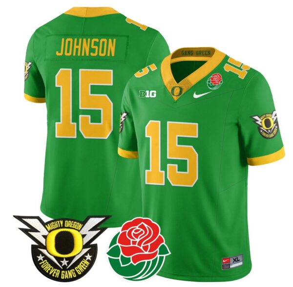 Men's Tez Johnson Jersey #15 Oregon Ducks 2024 Mighty Rose Bowl Patch N2 Green