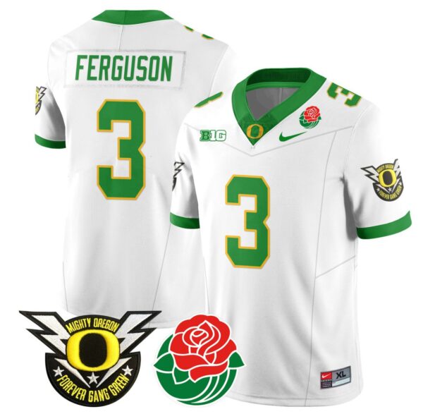 Men's Terrance Ferguson Jersey #3 Oregon Ducks 2024 Mighty Rose Bowl Patch N2 White