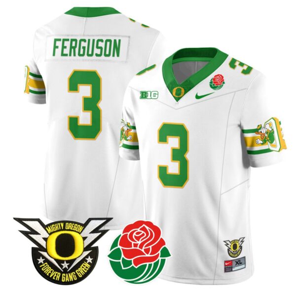 Men's Terrance Ferguson Jersey #3 Oregon Ducks 2024 Rose Bowl Patch Football White
