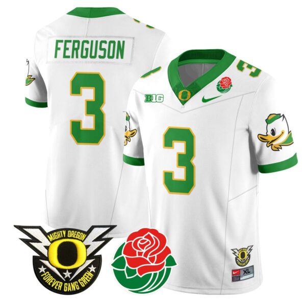 Men's Terrance Ferguson Jersey #3 Oregon Ducks 2024 Rose Bowl Patch N1 Football White