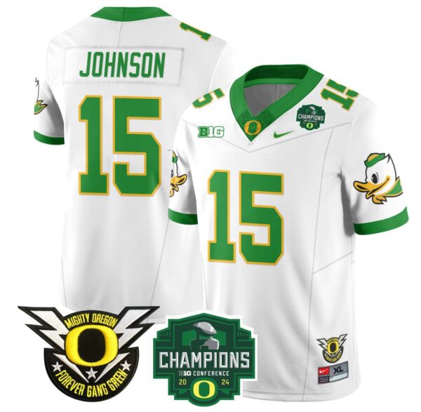 Men's Tez Johnson Jersey #15 Oregon Ducks 2024 Big Ten Champions Football White