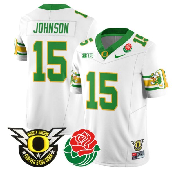 Men's Tez Johnson Jersey #15 Oregon Ducks 2024 Rose Bowl Patch Football White