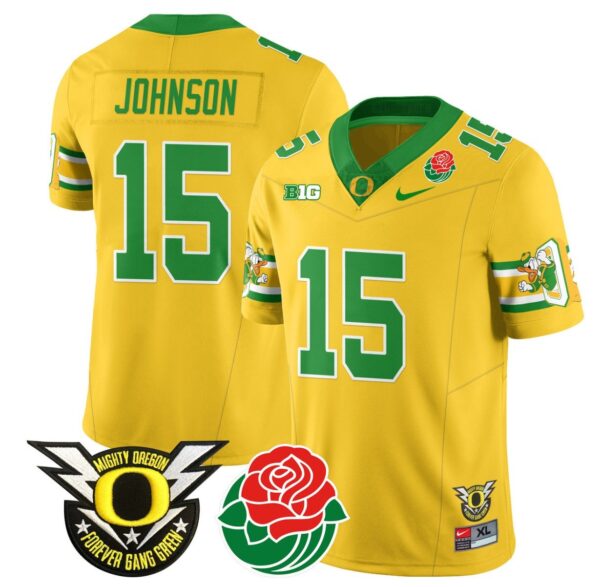 Men's Tez Johnson Jersey #15 Oregon Ducks 2024 Rose Bowl Patch Football Yellow