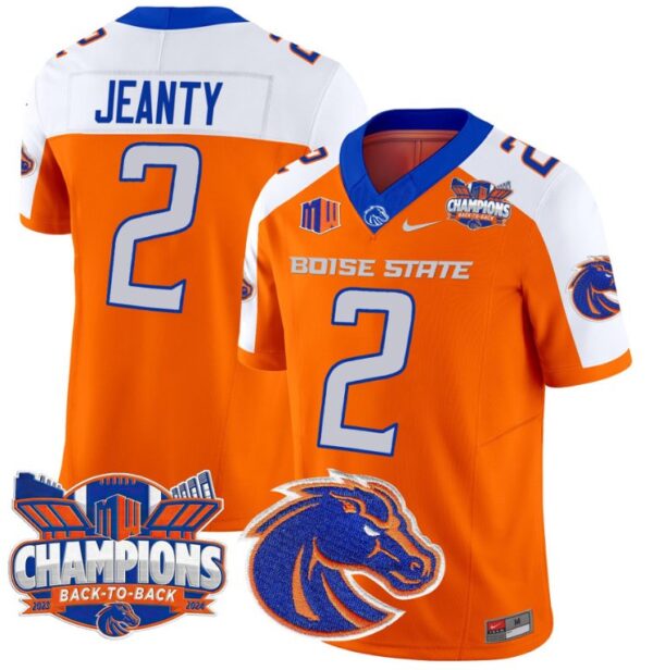 Men's Ashton Jeanty Jersey #2 Boise State Broncos Back To Back Champions Orange Alternate