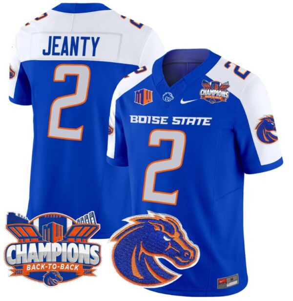 Men's Ashton Jeanty Jersey #2 Boise State Broncos Back To Back Champions Royal Alternate