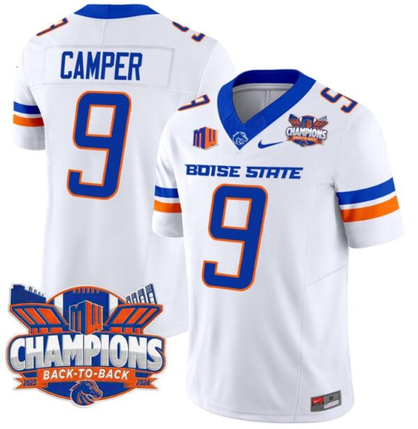 Men's Cameron Camper Jersey #9 Boise State Broncos Back To Back Champions White