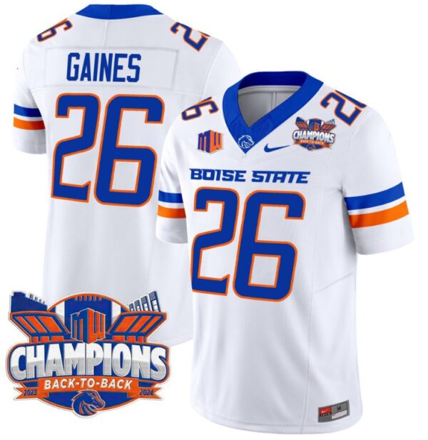 Men's Sire Gaines Jersey #26 Boise State Broncos Back To Back Champions White