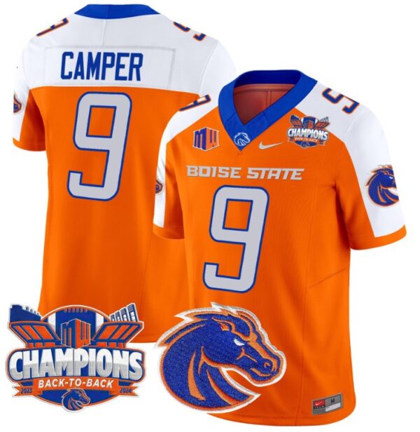 Men's Cameron Camper Jersey #9 Boise State Broncos Back To Back Champions Orange Alternate