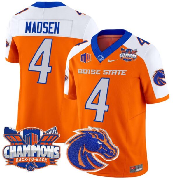 Men's Maddux Madsen Jersey #4 Boise State Broncos Back To Back Champions Orange Alternate