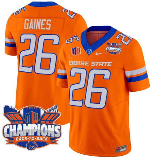 Men's Sire Gaines Jersey #26 Boise State Broncos Back To Back Champions Orange