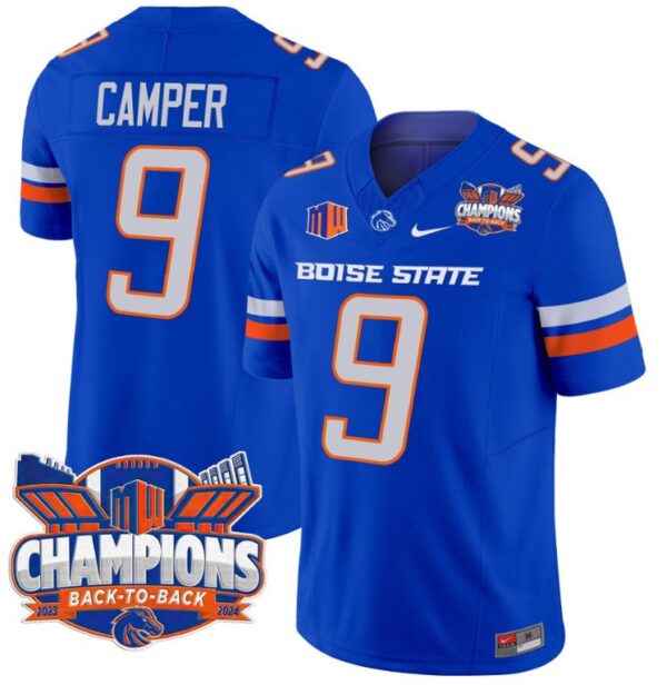 Men's Cameron Camper Jersey #9 Boise State Broncos Back To Back Champions Royal