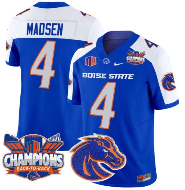 Men's Maddux Madsen Jersey #4 Boise State Broncos Back To Back Champions Royal Alternate